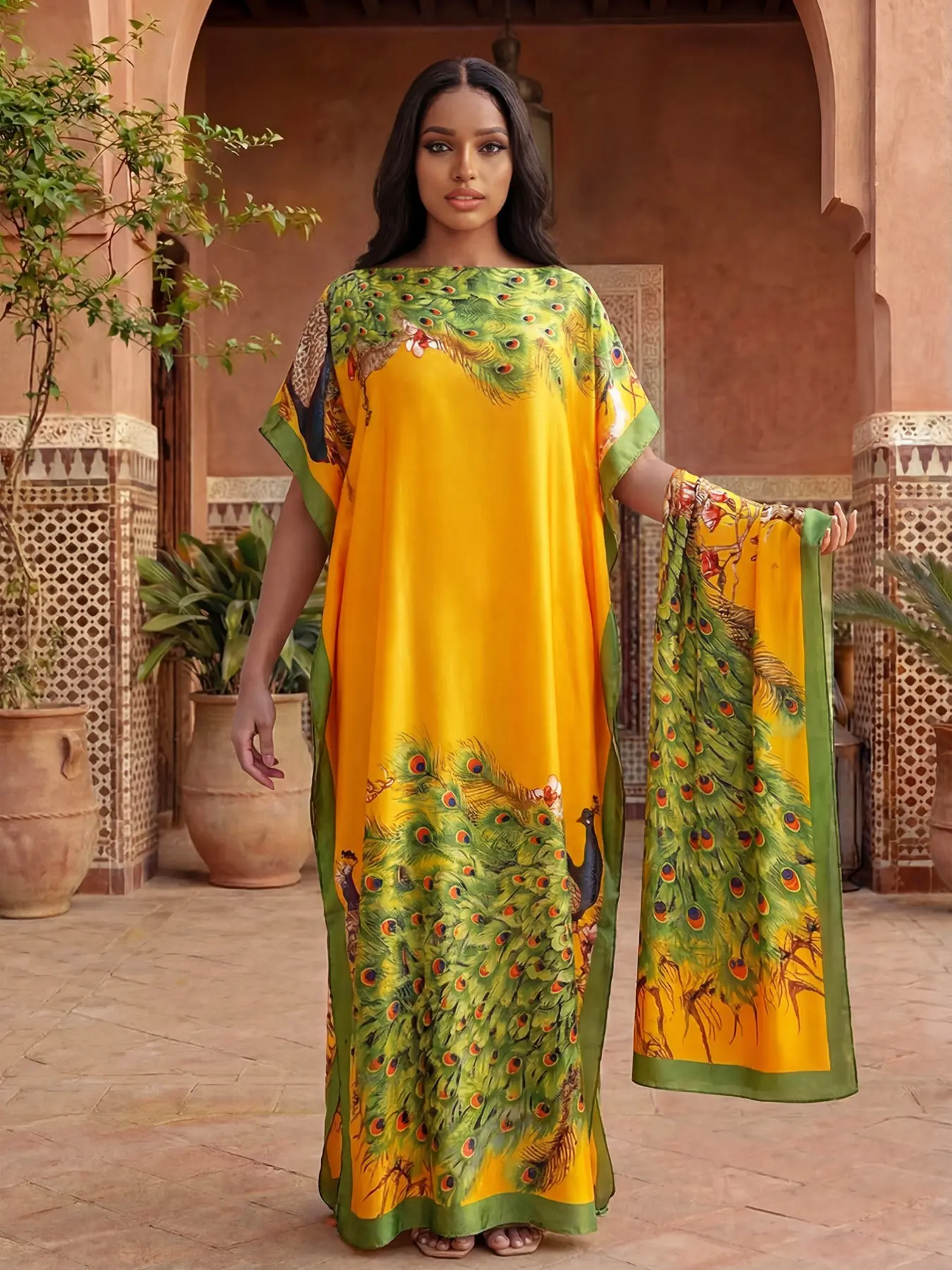 Elegant Moo Moo Long Dress Peacock Pattern Robe Shawl + Long Silk Scarf for  Women, Beach Sun Protection, Casual All Seasons, Animal Print, Style -  TikTok Shop