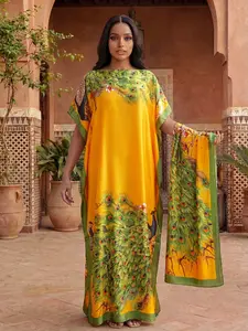 Elegant Moo Moo Long Dress Peacock Pattern Robe Shawl + Long Silk Scarf for Women, Beach Sun Protection, Casual All Seasons, Animal Print