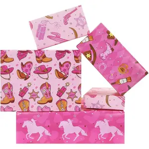 Western Wrapping Paper Cowgirl Boots Horseshoe Bull Cactus  West-theme   Wrap Paper, 8 count Folded Flat Art Paper for Girls Cowboy Birthday Wedding  Shower DIY Crafts  Packing