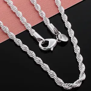 925 Silver Plated Rope Chain Necklace & Bracelet Set - Twisted Cuban Link, Hip Hop Jewelry for Men & Women