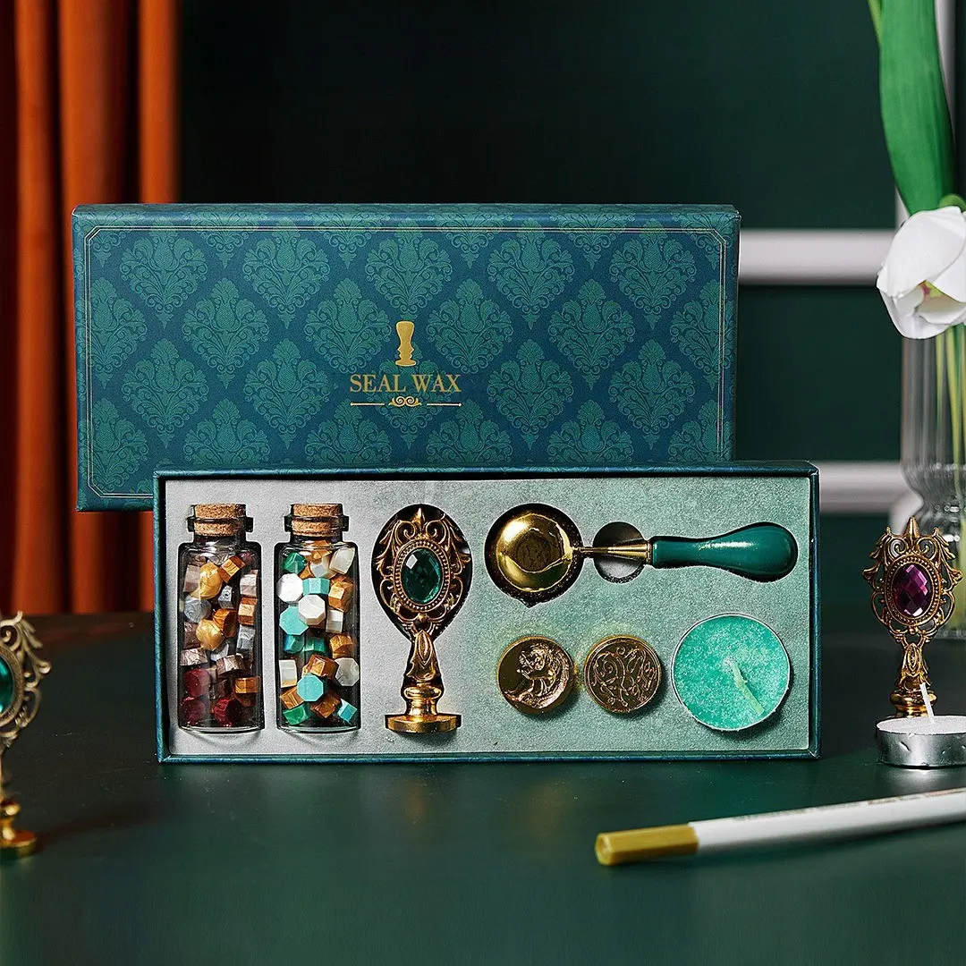 Dark Academia Aesthetic Stationery Office Supplies 📜 Retro Sealing Wax Box Set - Green Jewel Handle Stamp for Letters & Journaling Wax Stamp Kit