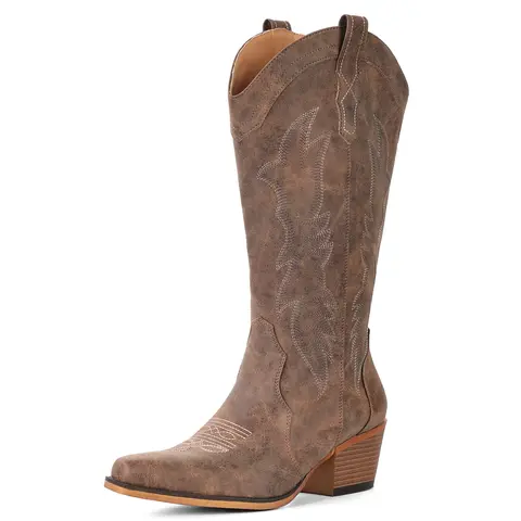 FIORALIE Women's Western Cowboy Boots Mid Calf Snip Toe Chunky Heel Embroidered Design Comfortable Walking Shoes - Footwear, Decor
