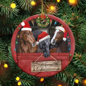 Merry Christmas Horse Ornament, Rustic Farmhouse Holiday Decor With Santa Hat Horses, Country Style Xmas Gift For Family And Friends