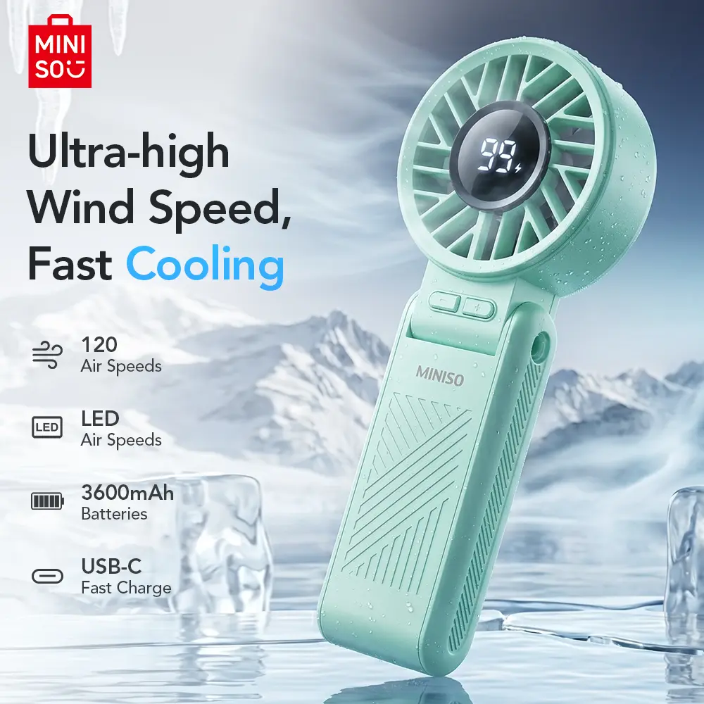 Miniso Foldable Portable Handheld Lanyard Fan - 120 Speed Settings, 3600mAh Rechargeable Battery, LED Display, Neck-Hangable, USB-Powered Personal Fan for Outdoor Travel, Home Use, Portable Fan