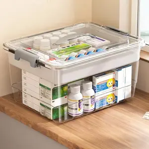 1Piece Translucent, Multi-Layer, Multi Compartment Design Medicine Box with Handle and Lid, Large-Capacity Plastic Organizer for Home First Aid and Portable Medication Storage, Dustproof and Durable, Suitable for Home Storage Applications