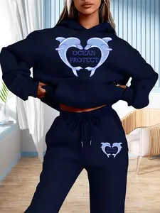 Ocean Protect Dolphin Heart Hoodie Set, Fall & Winter Casual Fitted Design, Eco-Friendly Graphic Print, Comfort Wear