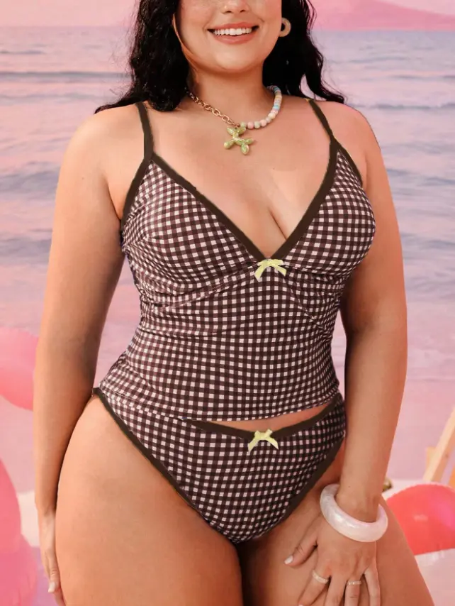 Women's 2026 New Plus Size 2-Piece Geometric Print Bikini Swimwear - Modest High Waist, High Leg Opening, Adjustable Bow Strap, Wireless Bra for Summer Beach Holidays