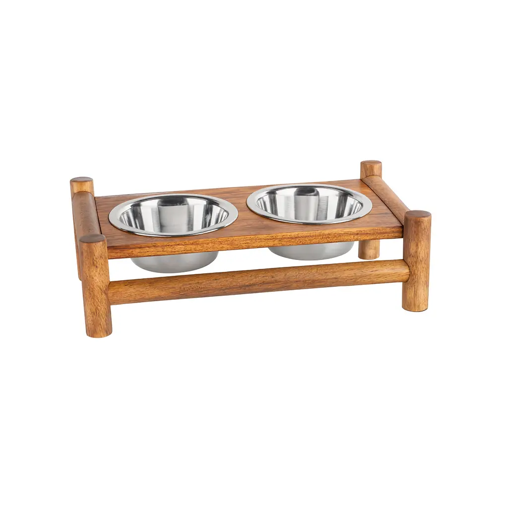 Log Cabin Raised Wooden Pet Feeder – Rustic Double Diner with Removable Stainless Steel Bowls