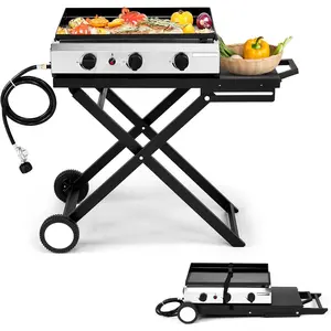 Foldable Propane Griddle with Wheels & Enameled Tray, 30000 BTU Portable Flat Top Gas Grill with Electronic Ignition & Regulator for Outdoor Cooking Camping BBQ Tailgating Picnicking