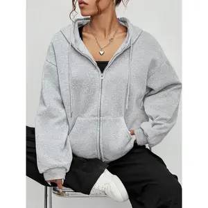 Women's Solid Color Fashion Loose-Fit Hooded Zipper Sweatshirt, Fall & Winter Casual Kint Style, Thick Fabric Pullover Jacket