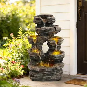 SOLVYA 7-Tier Cascading Outdoor Water Fountain with LED Lights, 23.6" H/37.2" H Moss Wood-Look Water Feature for Garden Patio Yard Decor