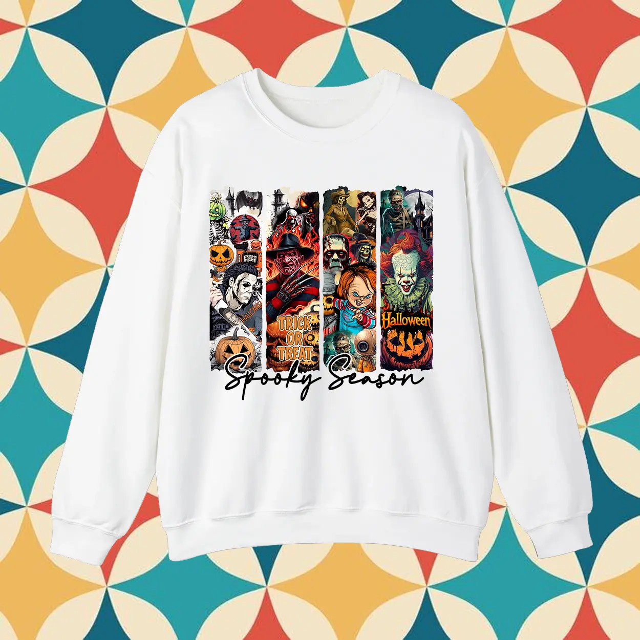 Spooky Season Horror Movie Characters Film Strip Graphic Sweatshirt And T-Shirt | Halloween Killer Friends Trick Or Treat Graphic Pullover Top Gift