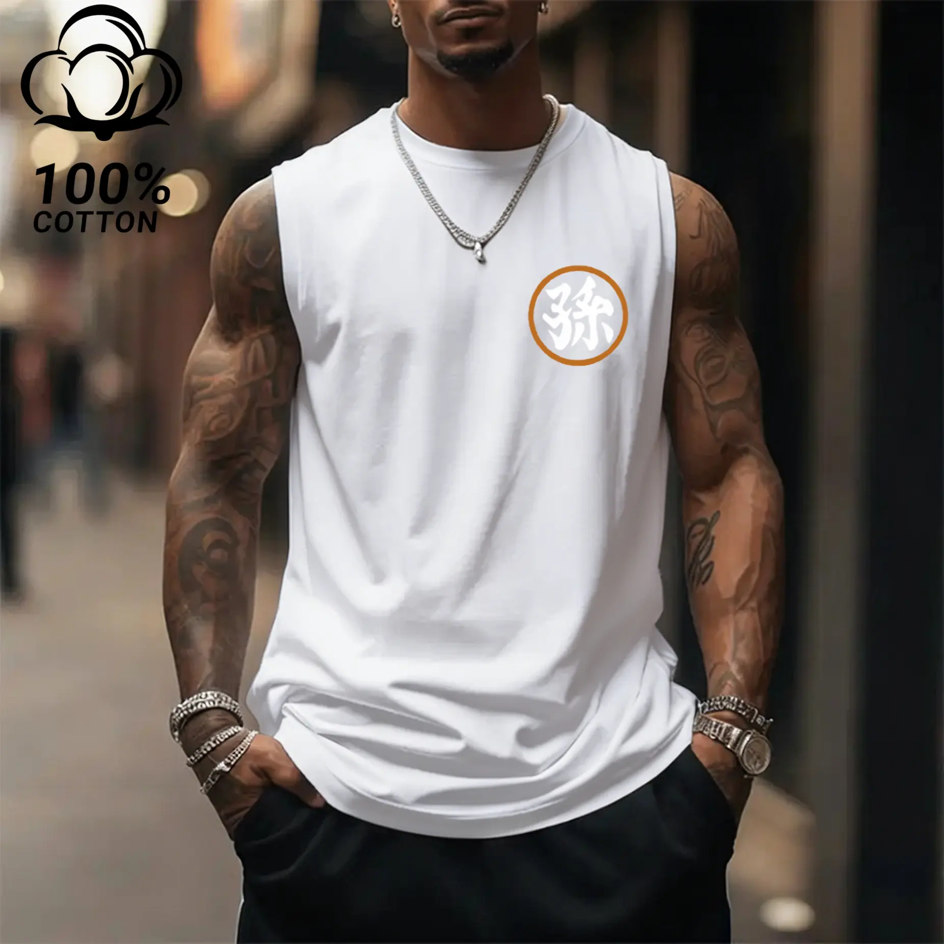 100% Pure Cotton Crew Neck Men Sleeveless Tank Top Anime Goku Back Print Soft Breathable Muscle Vest For Fitness Running Daily Wear Sizes XS-XXXL