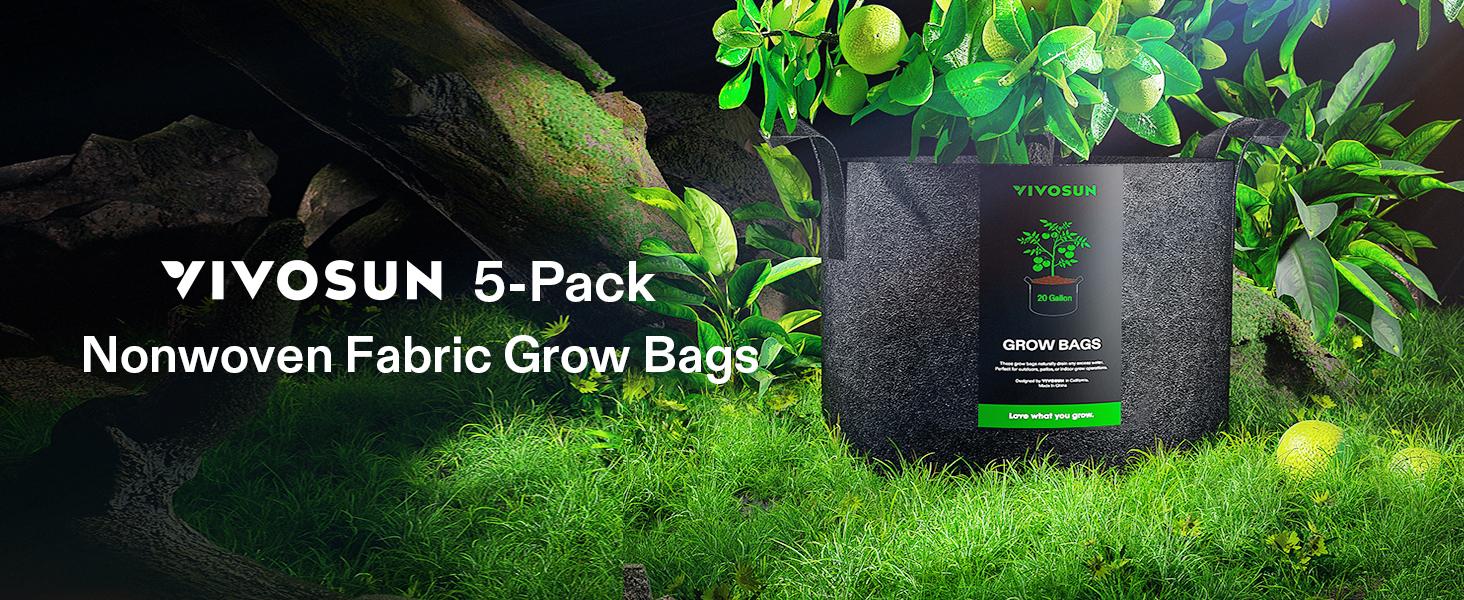 VIVOSUN 5-Pack Grow Bags, Heavy Duty Thickened Nonwoven Fabric Pots with Handles,Black