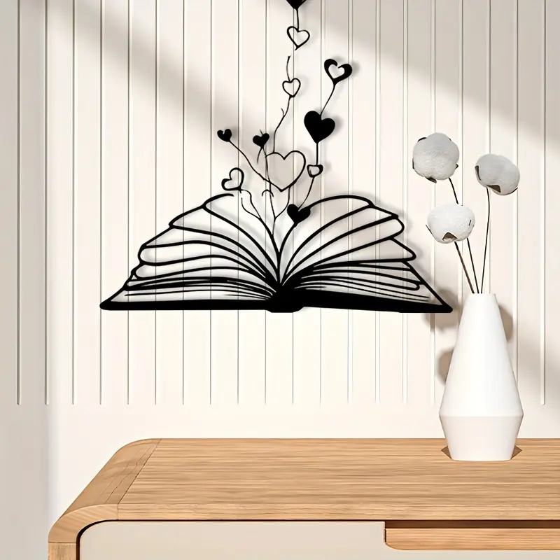 A book shaped metal wall decoration, book sculpture mural, suitable for living room wall decoration, heart-shaped embellishment, Valentine's Day decoration, ideal gift for book lovers, powder coated metal material, Artwork, Modern Minimalist Design