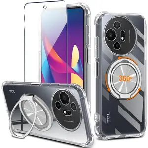 for TCL 50XL 50 XL 5G 2024 Phone Case with Glass Screen Protector 360?Rotatable Ring Holder Kickstand/Stand [Non Yellowing] Transparent 4 Corners Shockproof Protective Cover Case - Crystal Clear Magnetic Protection