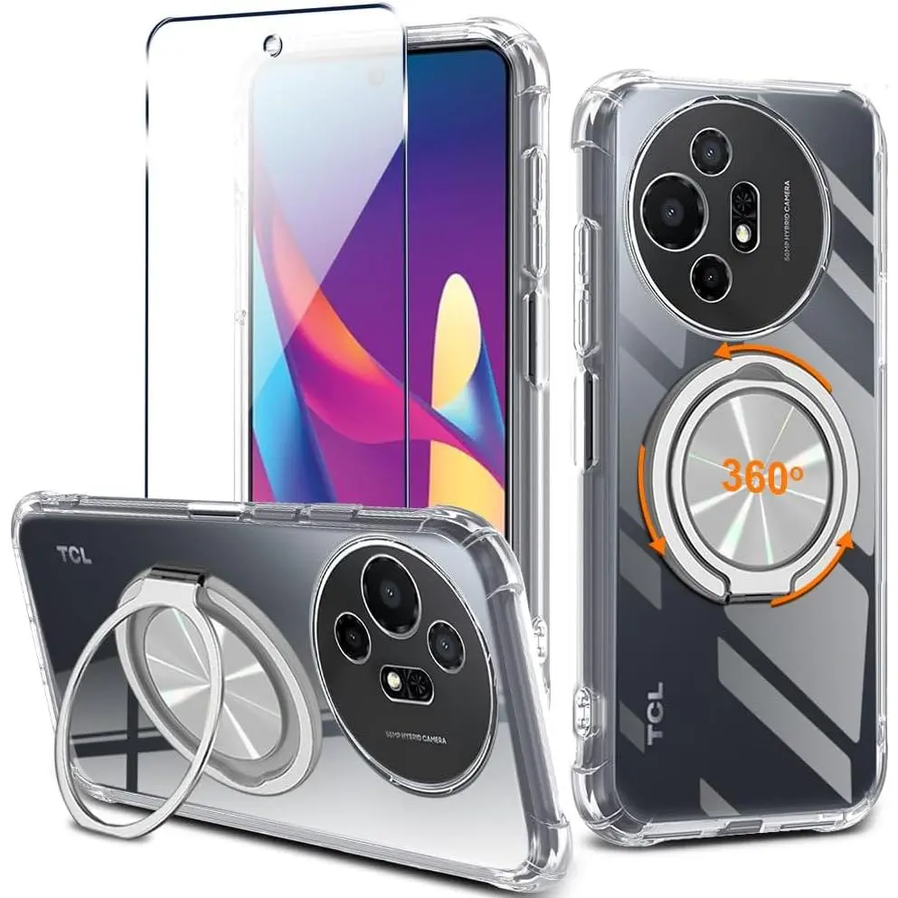 for TCL 50XL 50 XL 5G 2024 Phone Case with Glass Screen Protector 360?Rotatable Ring Holder Kickstand/Stand [Non Yellowing] Transparent 4 Corners Shockproof Protective Cover Case - Crystal Clear Magnetic Protection