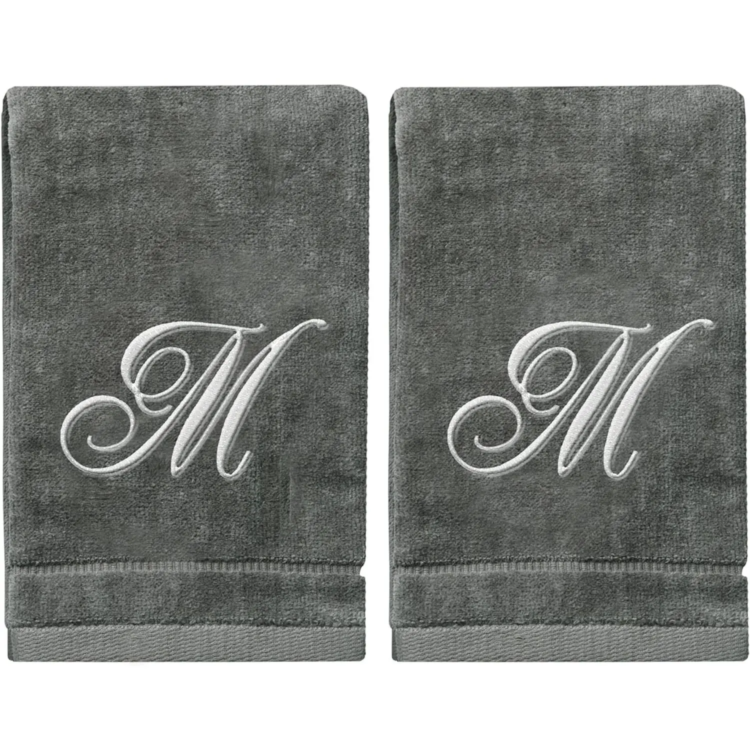 Personalized Initial Fingertip Towels - 2 Pack 11 x 18 Inches -  Embroidery On Gray Towel, Modern Monogrammed Towels,  Initial  for Women, Teachers, Friends, Bridesmaids Initial M