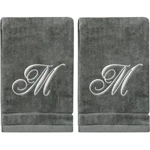 Personalized Initial Fingertip Towels - 2 Pack 11 x 18 Inches -  Embroidery On Gray Towel, Modern Monogrammed Towels,  Initial  for Women, Teachers, Friends, Bridesmaids Initial M