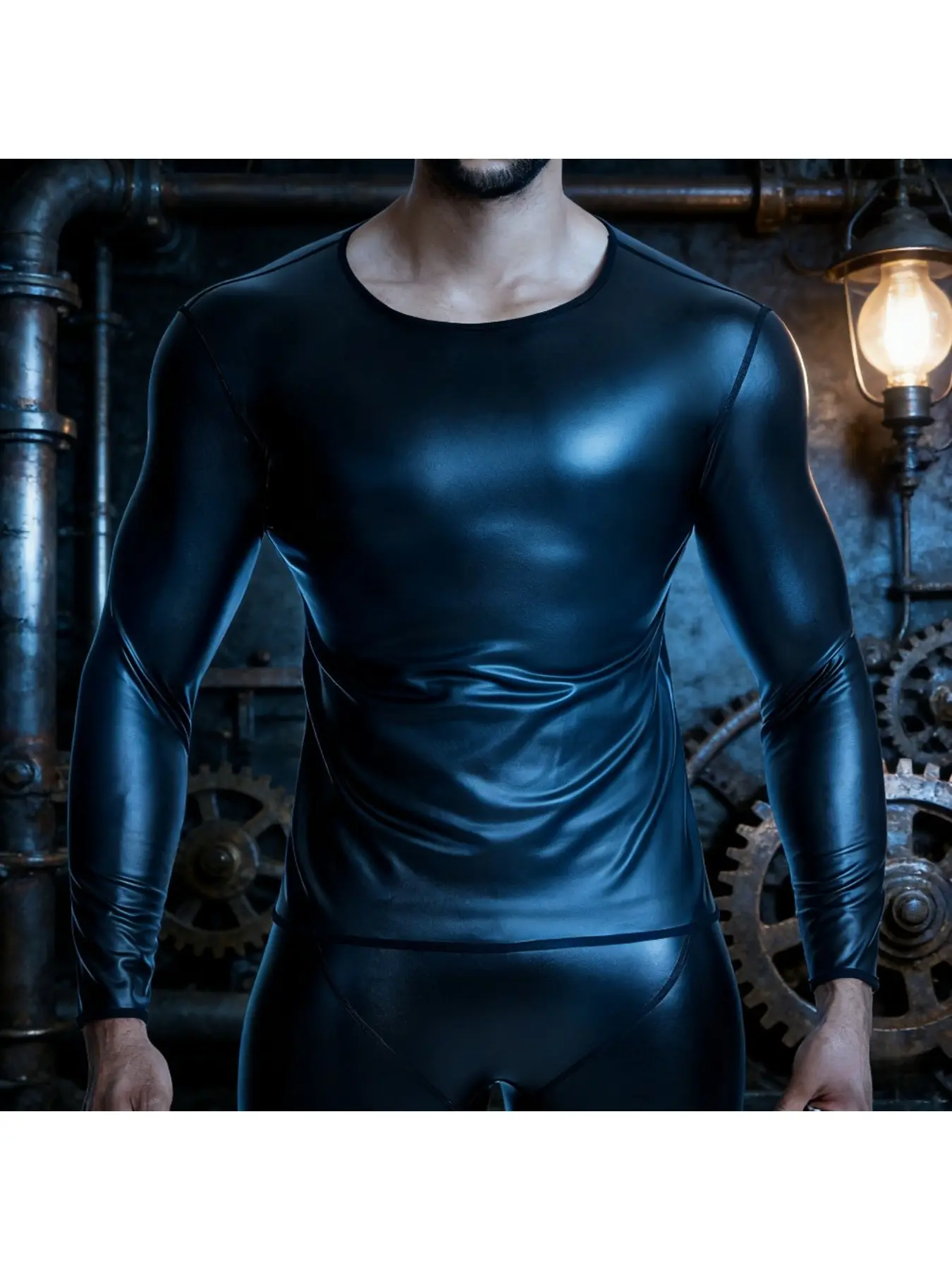 New Men Stand collar Long Sleeve Leather TShirt Slim Underwear Body Shapers Waist Trainer Corsets Tummy Shapewear Leather Shirts Top, Black