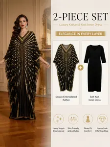 Women's Luxurious Two-Piece Set, Batwing Sleeve Embroidered Luxurious Sequins Cape, V-Neck Kaftan Robe, Abaya + Inner Dress, Elegant Fashion
