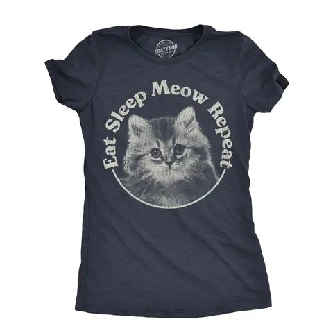 Womens Eat Sleep Meow Repeat T Shirt Funny Cute Kitten Lovers Tee for Ladies Funny Womens T Shirts Cute Vintage Graphic Tee Sarcastic Tops for Women Funny Cat Top Women's Novelty Tees Navy -