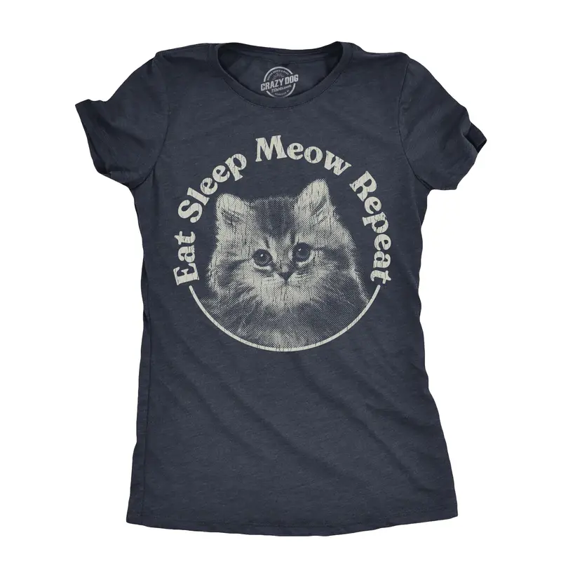 Womens Eat Sleep Meow Repeat T Shirt Funny Cute Kitten Lovers Tee for Ladies Funny Womens T Shirts Cute Vintage Graphic Tee Sarcastic Tops for Women Funny Cat Top Women's Novelty Tees Navy -