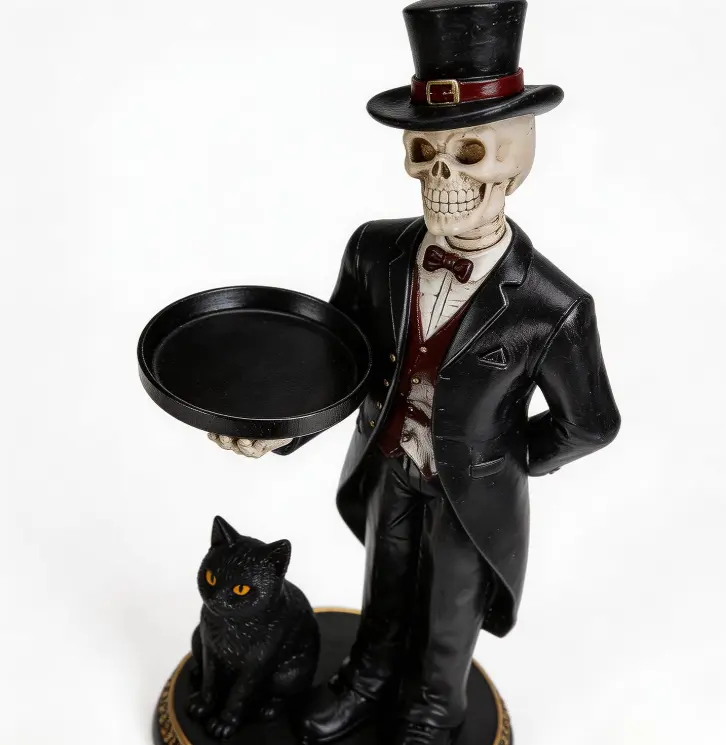 Elegant Skull Butler Statue with Top Hat and Bow Tie, Includes Black Cat, Perfect for Halloween Decor