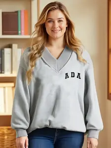 Elegant Women's V-Neck Sweatshirt with Ada Letter Print, Casual Loose-Fit Kint Fabric for Fall & Winter, Stylish Ladies' Fashion Apparel