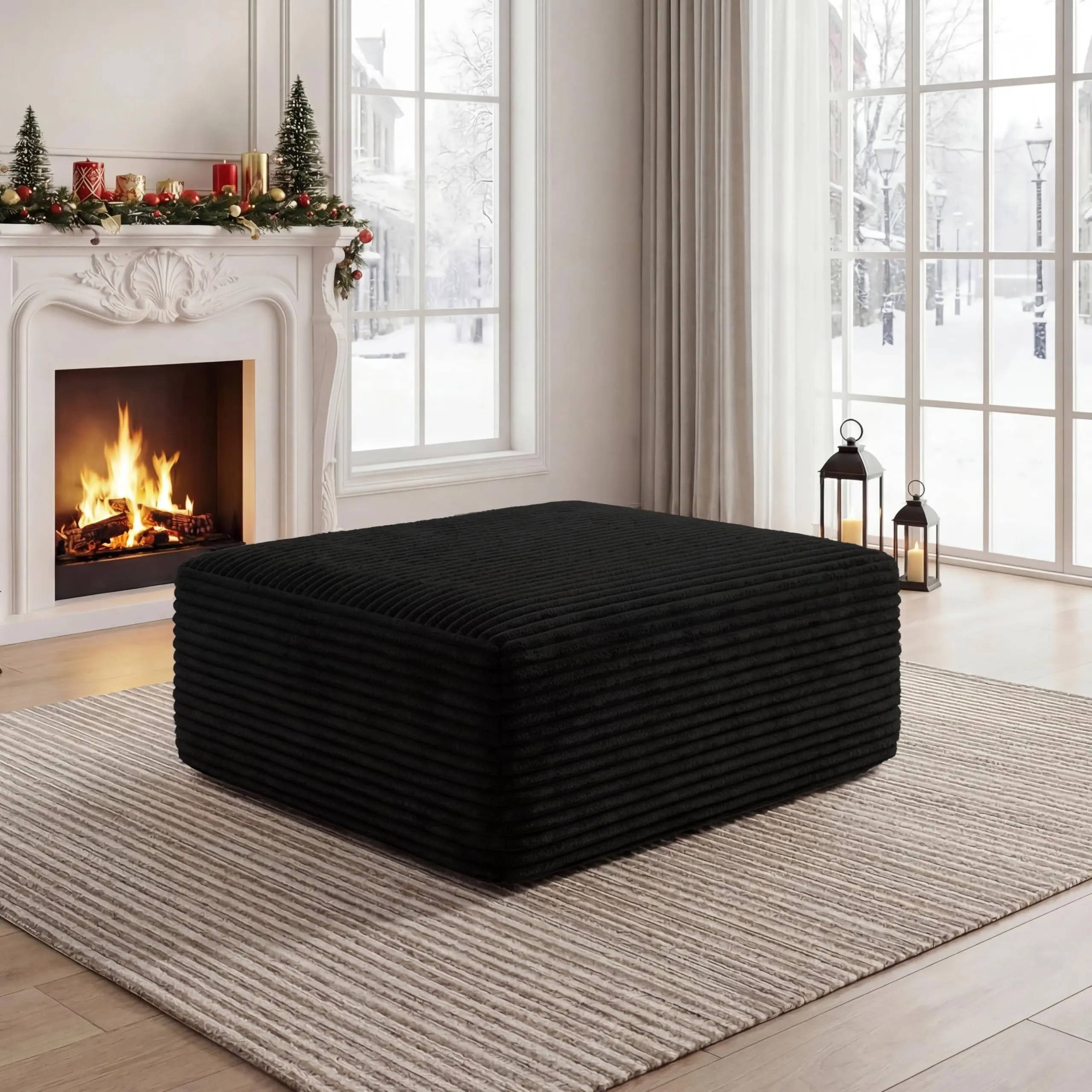 Black Corduroy Ottoman - Modern Boneless Cloud Foam Footrest, Oversized Modular Sectional Sofa Stool, No Assembly Required for Living Room Decor, Furniture Living Room