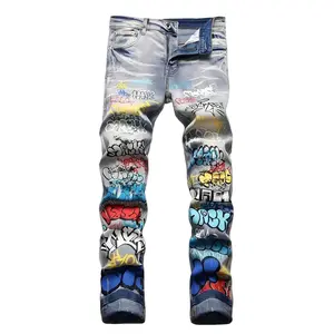 Slim Streetwear Jeans - Young Urban Men - Print, Hand Wash Or Professional Dry Clean, Blue, Denim, Men, Regular, Basics, All-Season, Slight Stretch, Woven, No Sheer - Suitable For Night Out, Casual Hangouts, Music Festivals Men Jeans Para Hombre