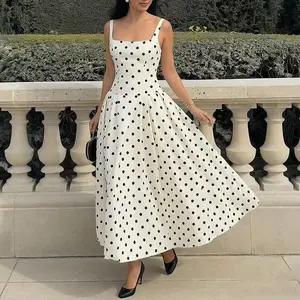 Women's Elegant Beige & brown polka dot maxi dress - Flared skirt, Formal & Casual Events - Machine Washable Chiffon Evening gown for Women Fit Womenswear
