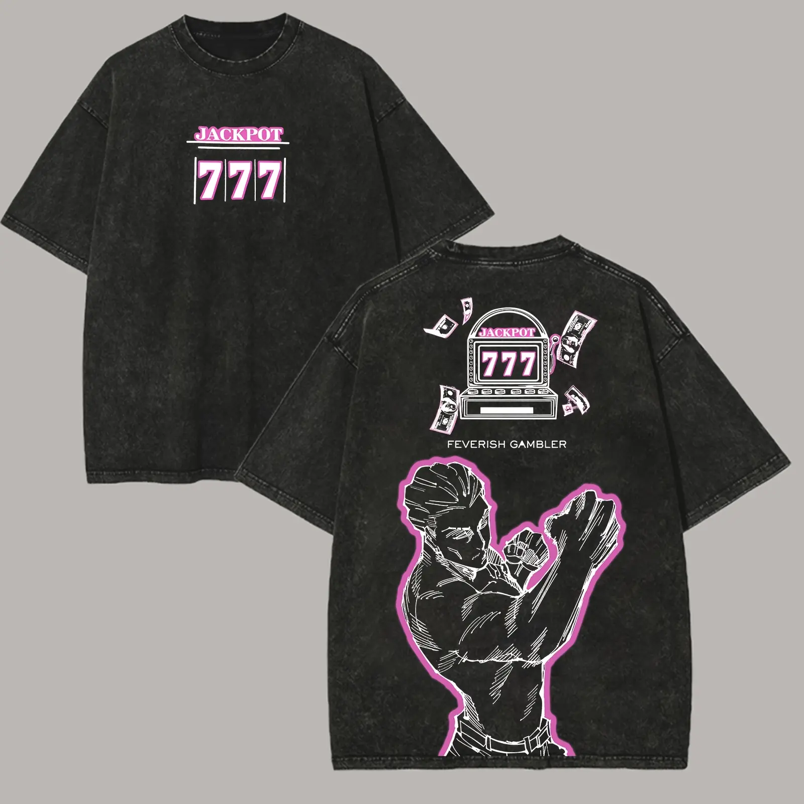 Men's Retro Streetwear T-Shirt, Jujutsu Kaisen Kinji Hakari Graphic Print, Casual Washed Finish, Fitted Short-Sleeve Round Neck, Personalized, Washed T-Shirt, Classic