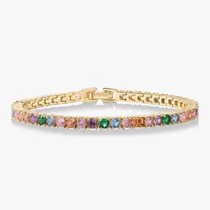 14K Gold Plated 3mm Multi Colored CZ Tennis Bracelet | Vibrant & Bohemian Cubic Zirconia Bracelet for Women | Size 6.5-7.5 Inch