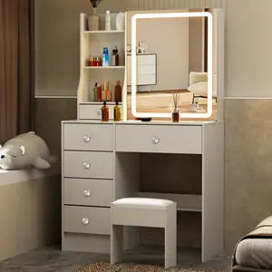 White Small Makeup Vanity Desk Dressing Table Stool Set With LED Lights Sliding Vanity Mirror and Shelves Storage