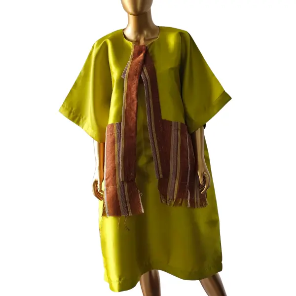Luxanoir Chartreuse Yellow Bubu Gown Paired with Cream Aso Oke Fabric XL