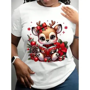 Women's Casual Christmas-Themed Graphic T-Shirt - Cute Reindeer With Gift Box & Ornaments, Red & White Holiday Design, Breathable Short Sleeve Round Neck Top, Machine Washable, All-Season Wear Fabric Womenswear