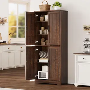 Garvee 70" Tall Rustic Brown Kitchen Pantry Cabinet with Adjustable Shelves and 4 Barn Doors, Ideal for Kitchen, Dining Room, and Living Room Storage