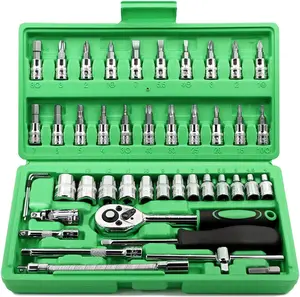 46 Pieces 1/4 inch Drive Socket Ratchet Wrench Set, with Bit Socket Set Metric and Extension Bar for Auto Repairing and Household, with Green Storage Case