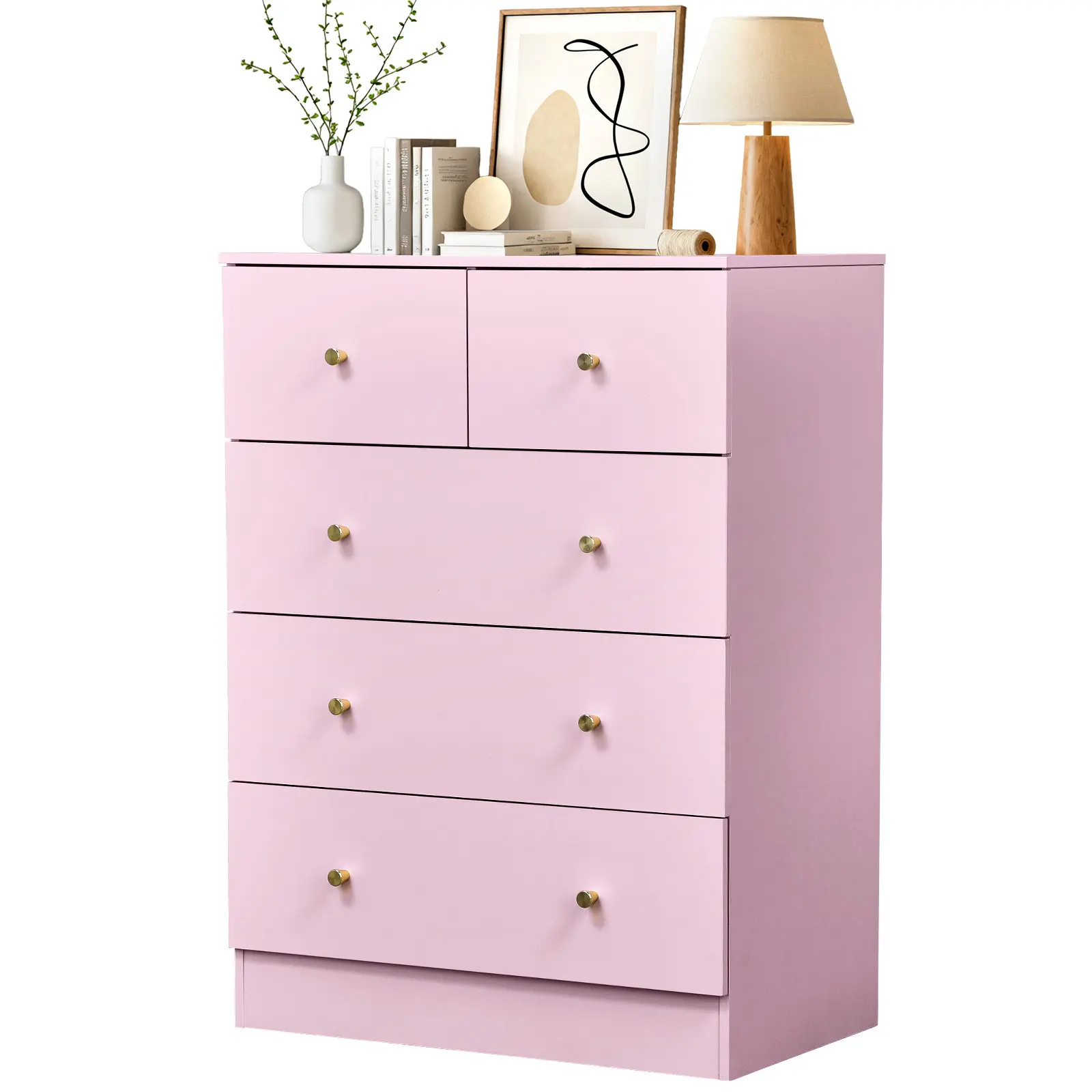 Karlhome Pink 5-Drawer Modern Wood Dresser - Storage Cabinet Chest, Furniture with Rose Gold Metal Handles & Anti-Tipping Device, Girly Room Stuff for Bedroom, Apartment Furniture & Room Decor, Dorm Essential