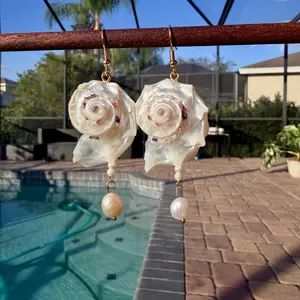 Handcrafted Iridescent Angaria Seashell Earrings with Baroque Pearls, 18K Gold-Plated Copper, Natural Dolphin Shell Drop Earrings