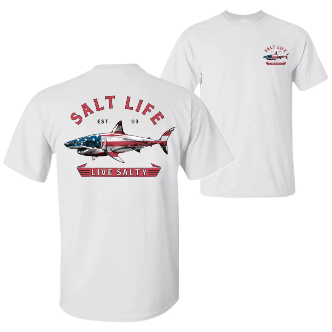 Salt Life Live Salty Sharkk T-Shirt, American Flag Shark Graphic Tee, Soft Cotton Unisex Shirt, Coastal Lifestyle Apparel for Men & Women, Beach and Fishing Lover Gift graphic tees