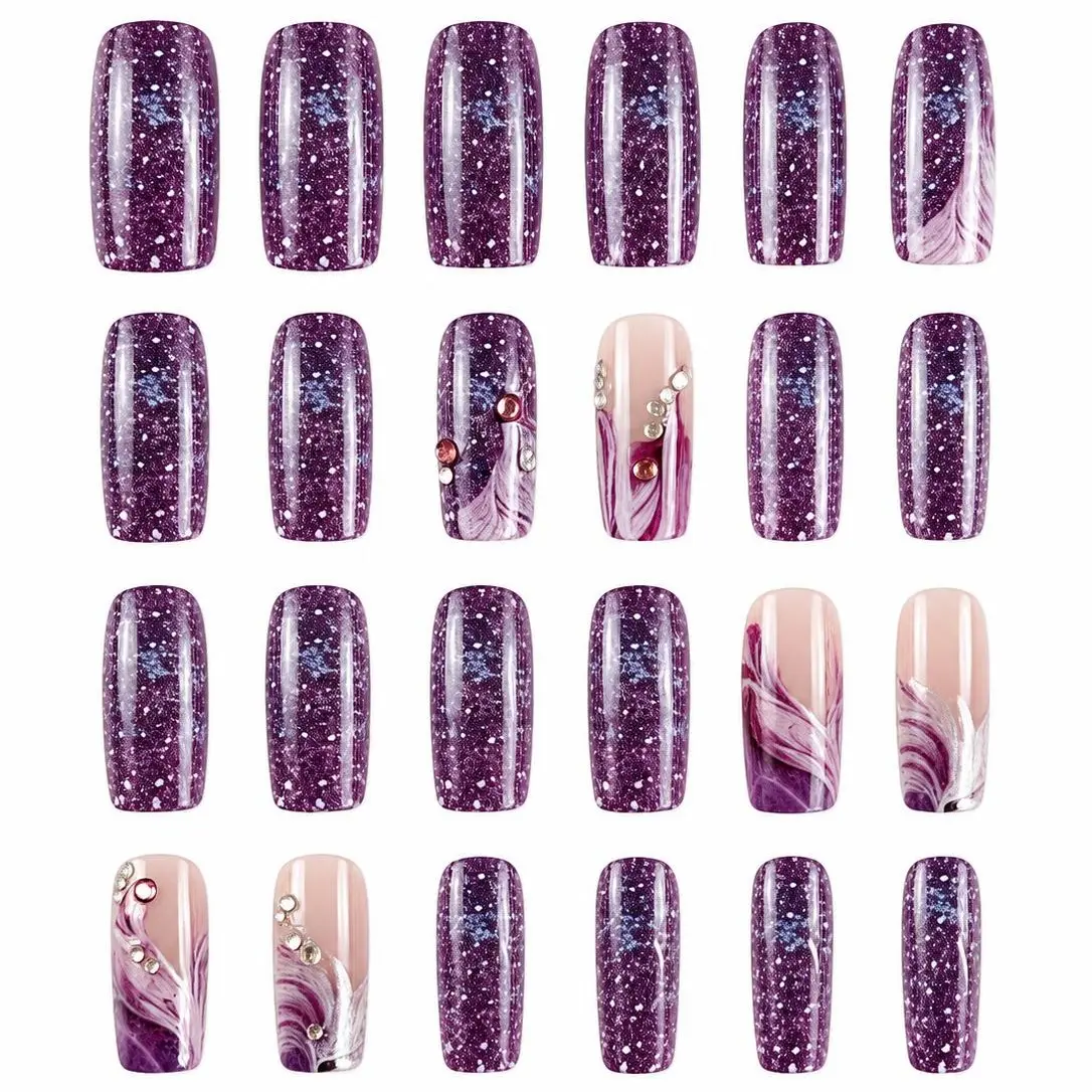 24Pcs Purple Glitter Marble Press on Nail Sets Long Square Fake Nails Full Cover False Nail Tips Crystal Embellishment Reusable Manicure Kit for Women