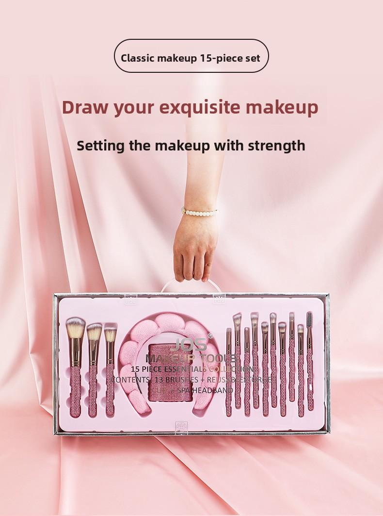 JOS 15-Piece Luxurious Diamond Makeup Brush Set - Professional Brushes for Foundation, Contour & Eyes, Premium Bling Handle Beauty Kit, Perfect Holiday/Christmas Gift for Women