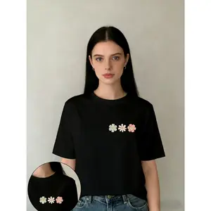 Women's Floral Print Drop Shoulder Tee, Casual Short Sleeve Round Neck T-shirt for Summer, Ladies Knit Clothes, Graphic Tees, T Shirts for Women, Summer Tops, Back To School Clothes, Tops for Women, Womenswear, Tshirt, Casual Fashionable Top