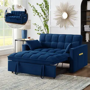 4 in 1 Sleeper Sofa Couch Bed with Adjustable Backrest, Velvet Loveseat Convertible Sofa Bed Pull-out Sofa Bed with Armrests, Storage Pockets & 2 Pillows for Living Room Apartment Bedroom Office