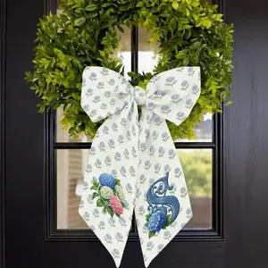 Personalized Wreath Sash: Custom Monogram Hydrangea Ribbon, Cottagecore Spring Front Door Decor