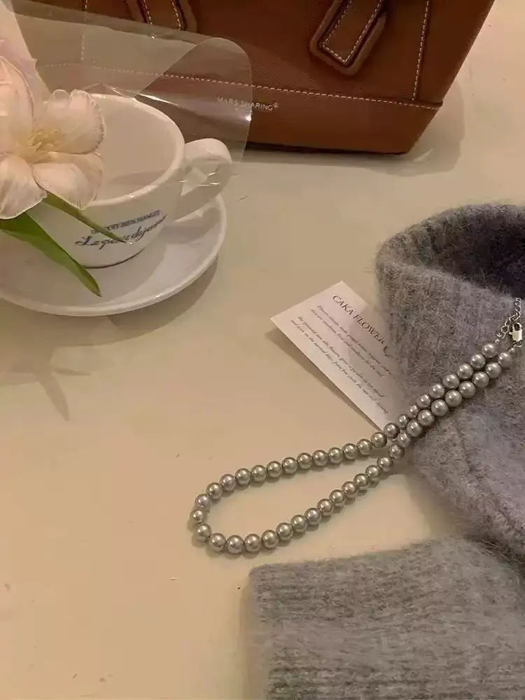 6mm Uniform Size Grey Faux Pearl Alloy Necklace