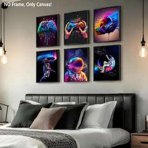 6 Piece Frameless Canvas Posters, Graffiti Arcade Machine Art, Dream Astronauts, Modern Home Decor, Game Room Wall Art, Bedroom Decoration