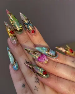 Alice WonderNails – Fairy Garden Press On Nails with Butterfly & Ladybug Art | Naturecore Fantasy Nail Set | Handmade Whimsical Nails – AW408